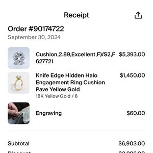 Vrai Knife Edge hidden halo engagement ring with 2.89ct cushion diamond